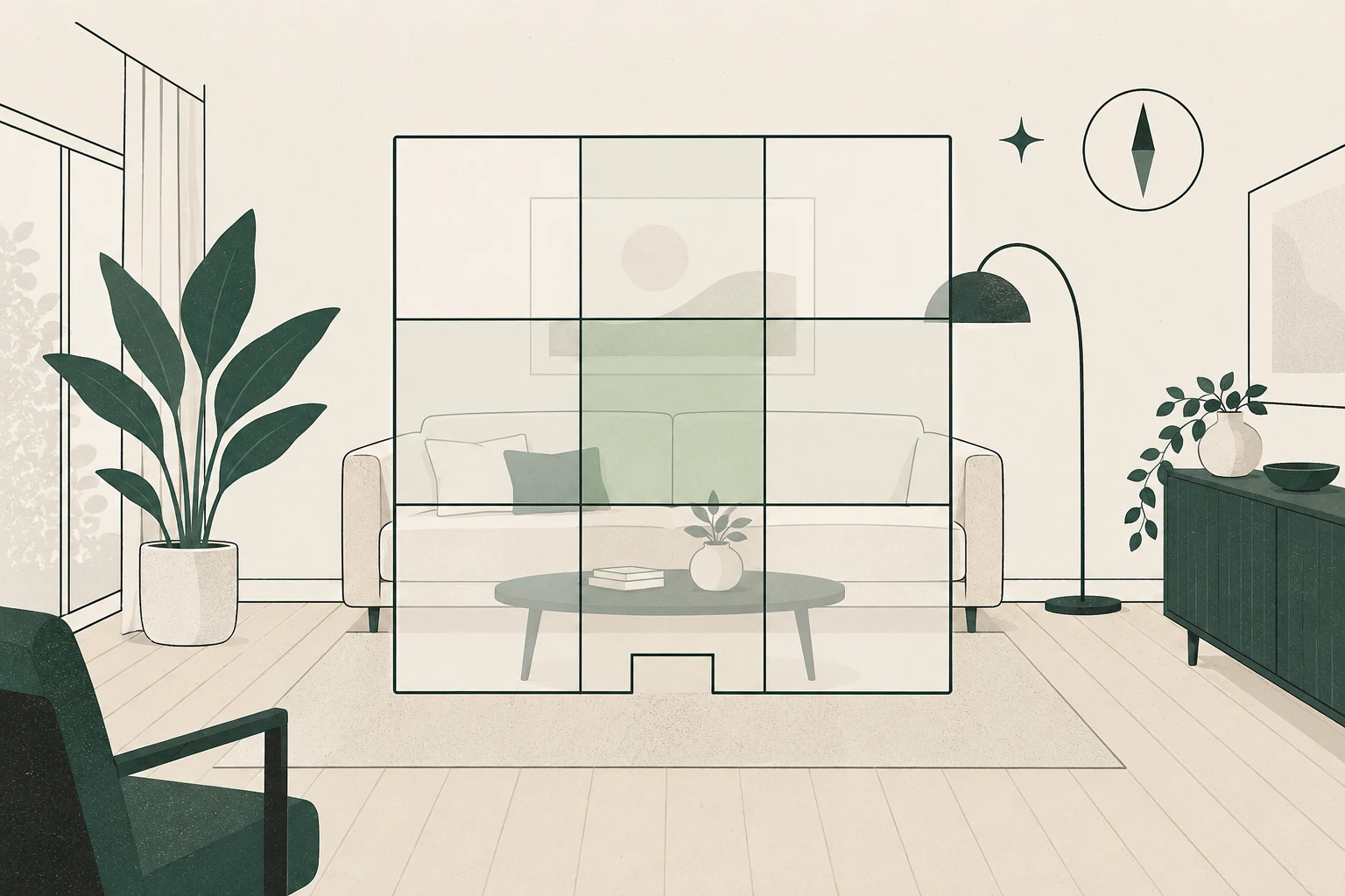 Transparent nine-zone grid over a living room, with an unlabeled compass shape nearby.