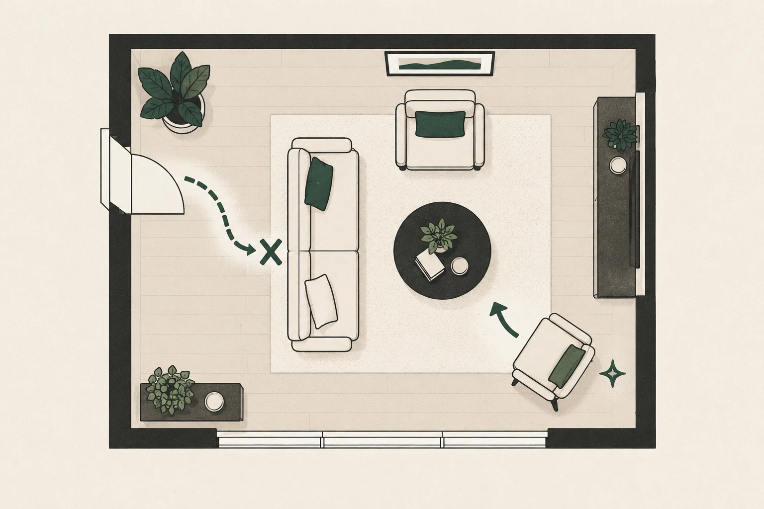 Top-down room plan showing a sofa blocking the doorway route and a chair being repositioned.