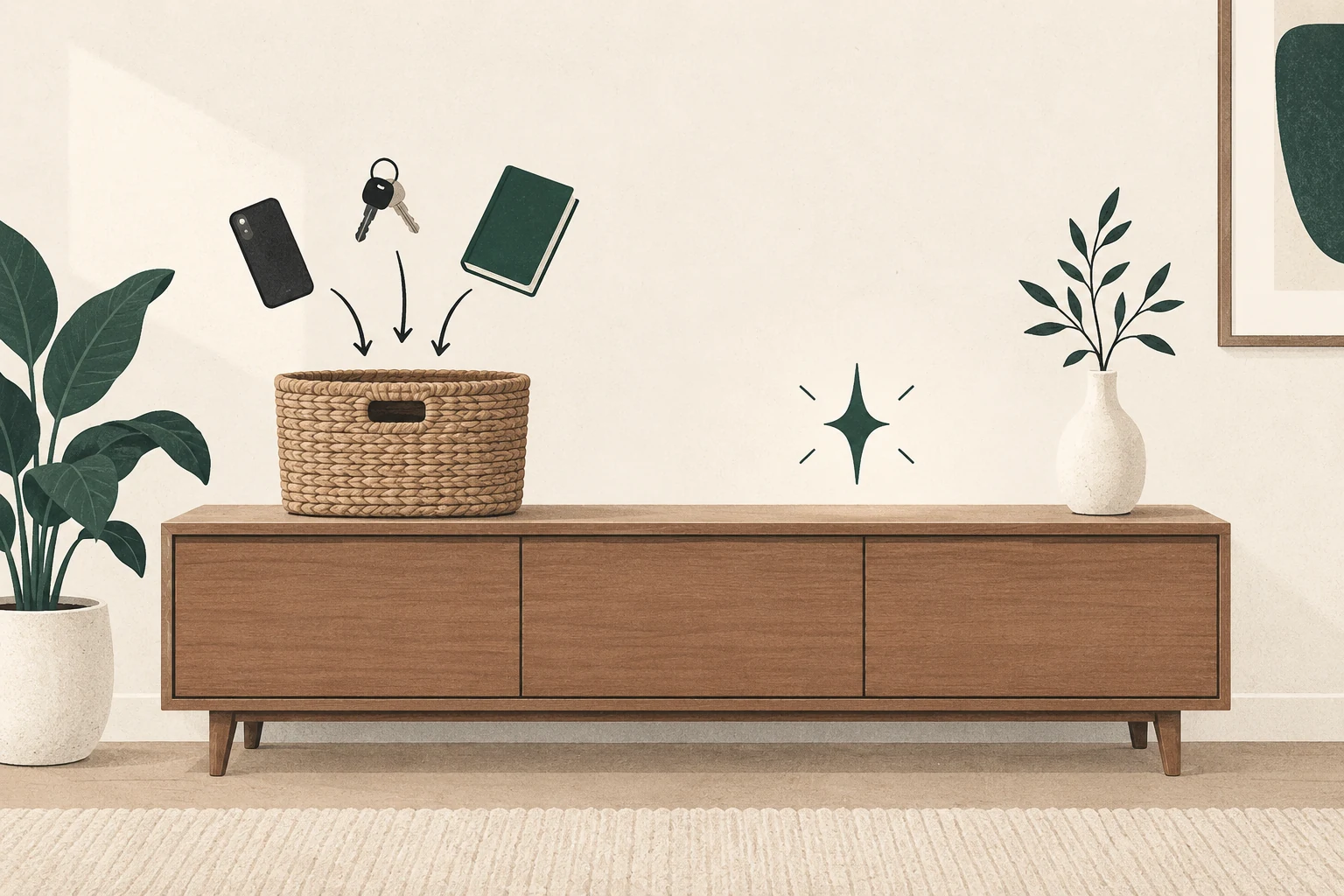 Basket gathering keys, a phone, and a notebook above a mostly clear living-room console.