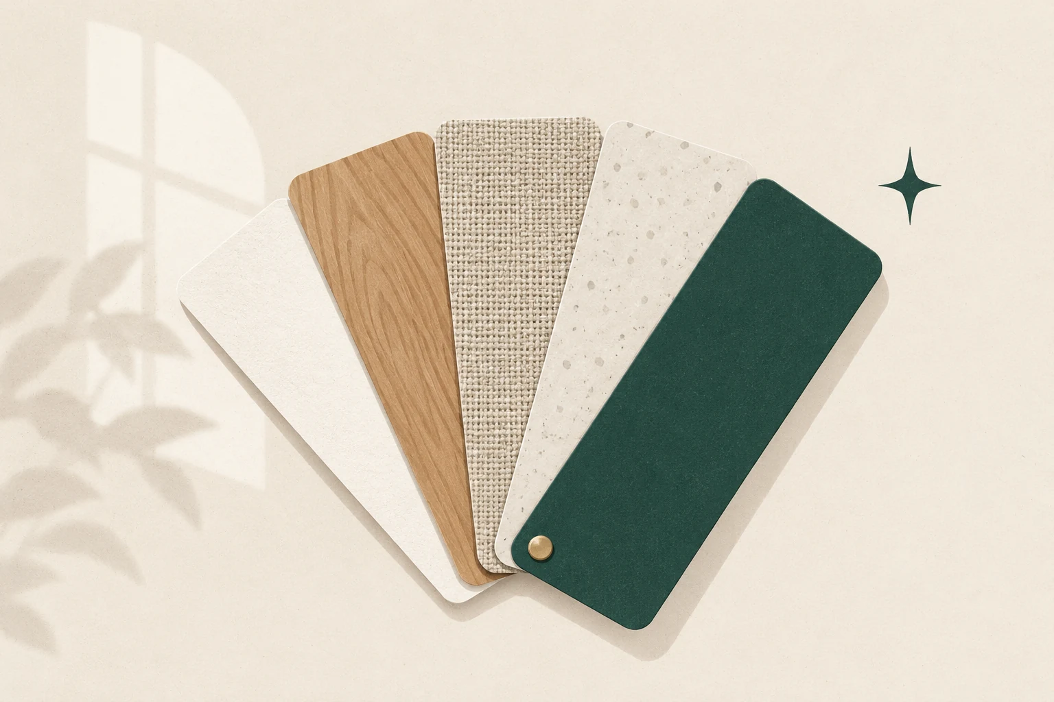 Fan of paper, wood, woven, stone, and deep-green material swatches in window light.
