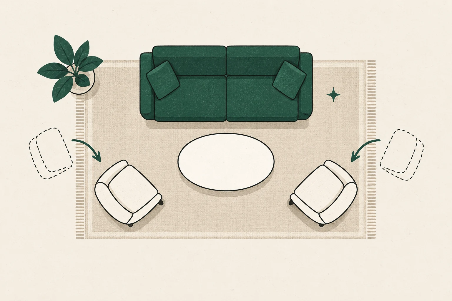 Top-down sofa and two-chair arrangement with arrows showing alternative chair positions.