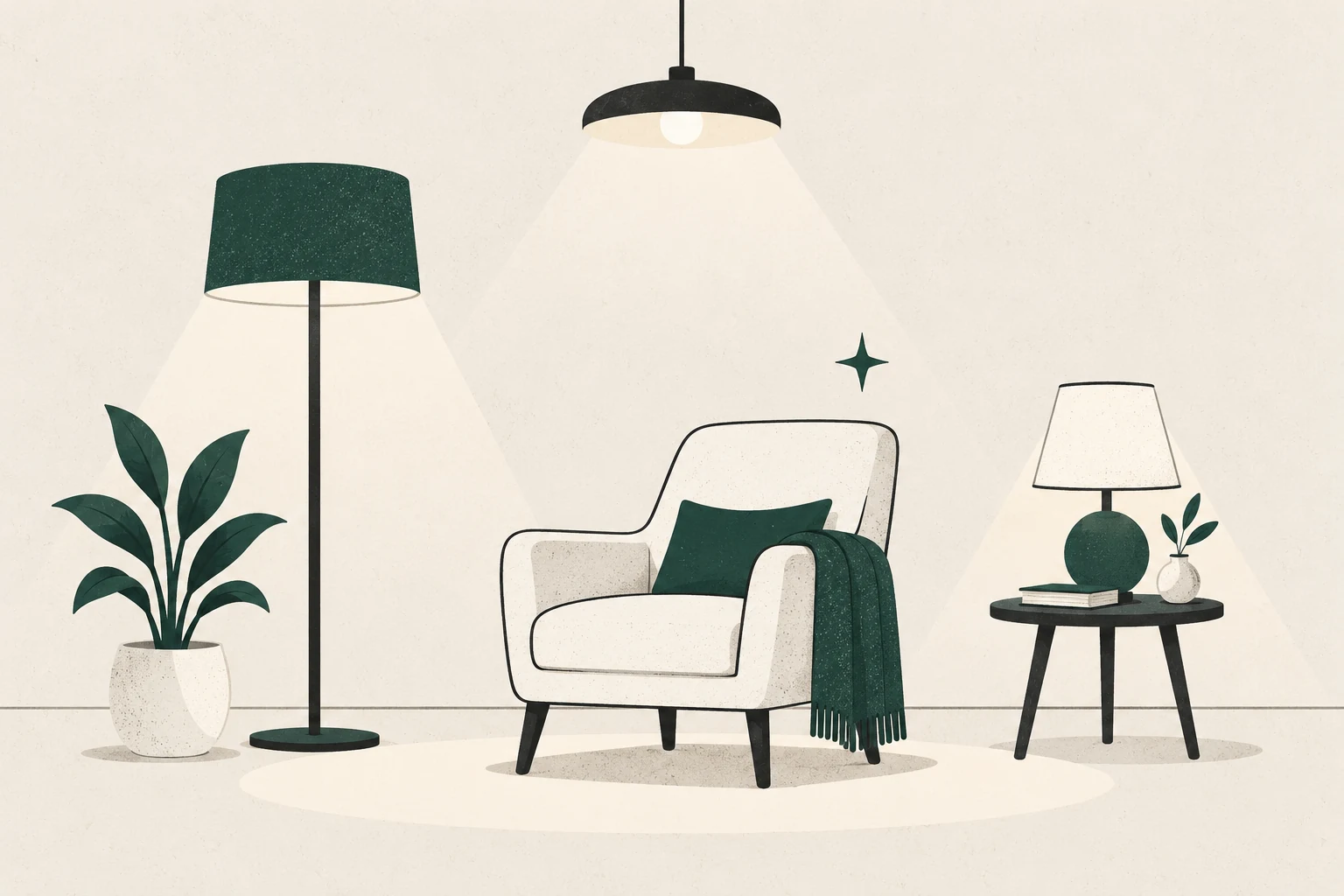 Reading chair lit by a ceiling light, floor lamp, and table lamp in three distinct layers.