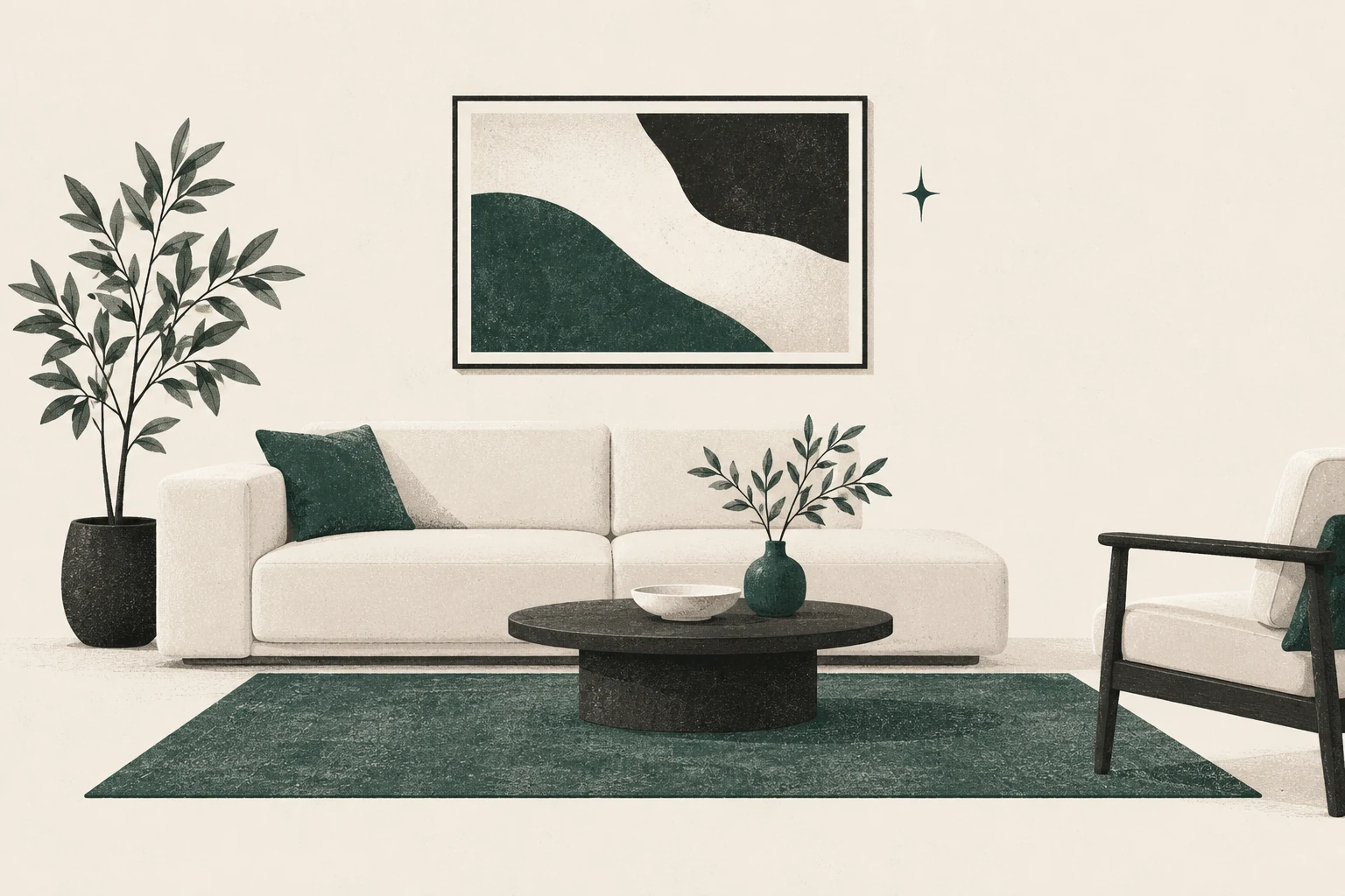 A framed abstract artwork above a sofa corner anchored by a simple area rug.