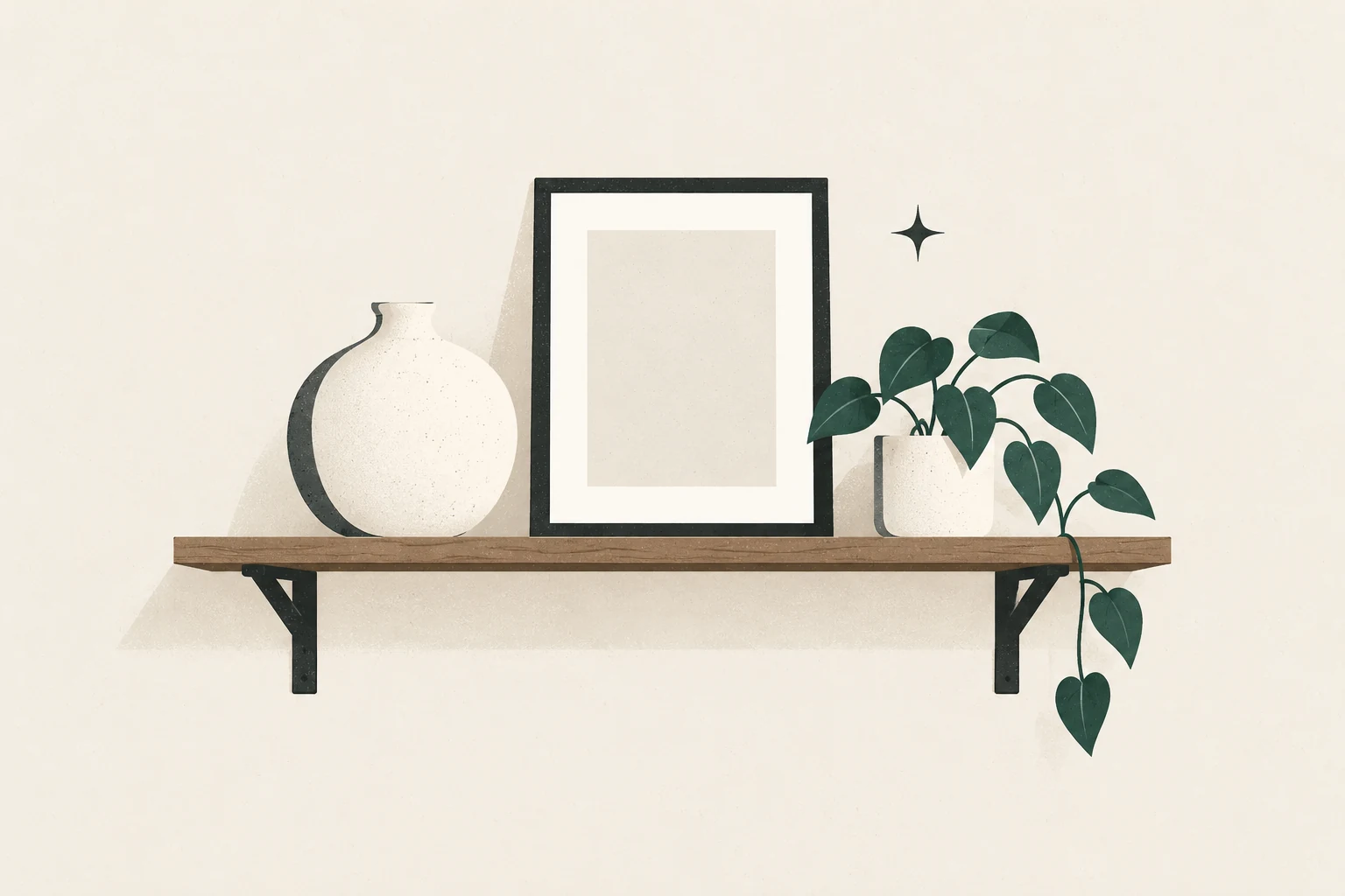 Open wall shelf with a rounded vase, blank frame, trailing plant, and generous empty space.