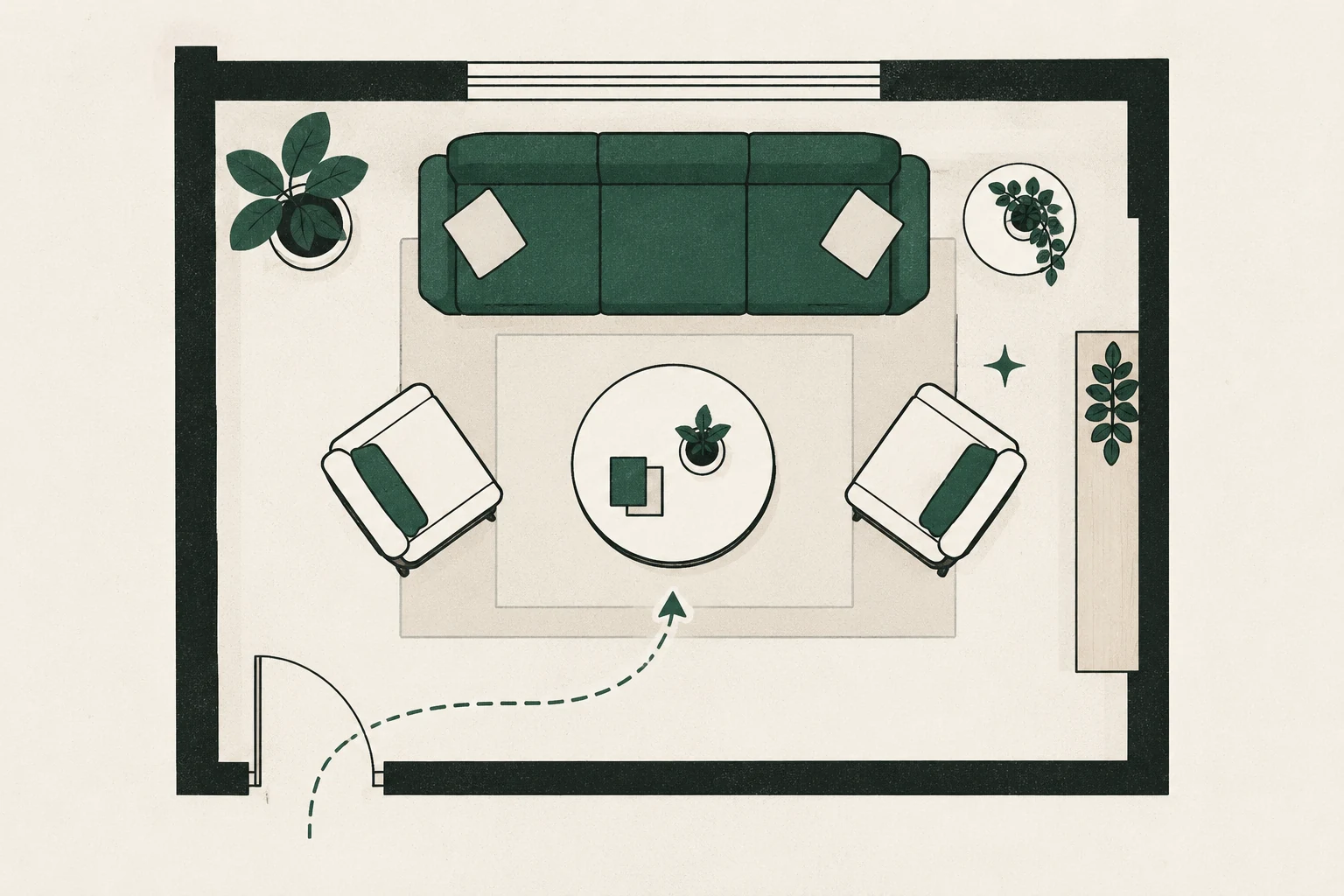 Top-down living-room plan with a sofa, two chairs, and a clear curved route from the doorway.