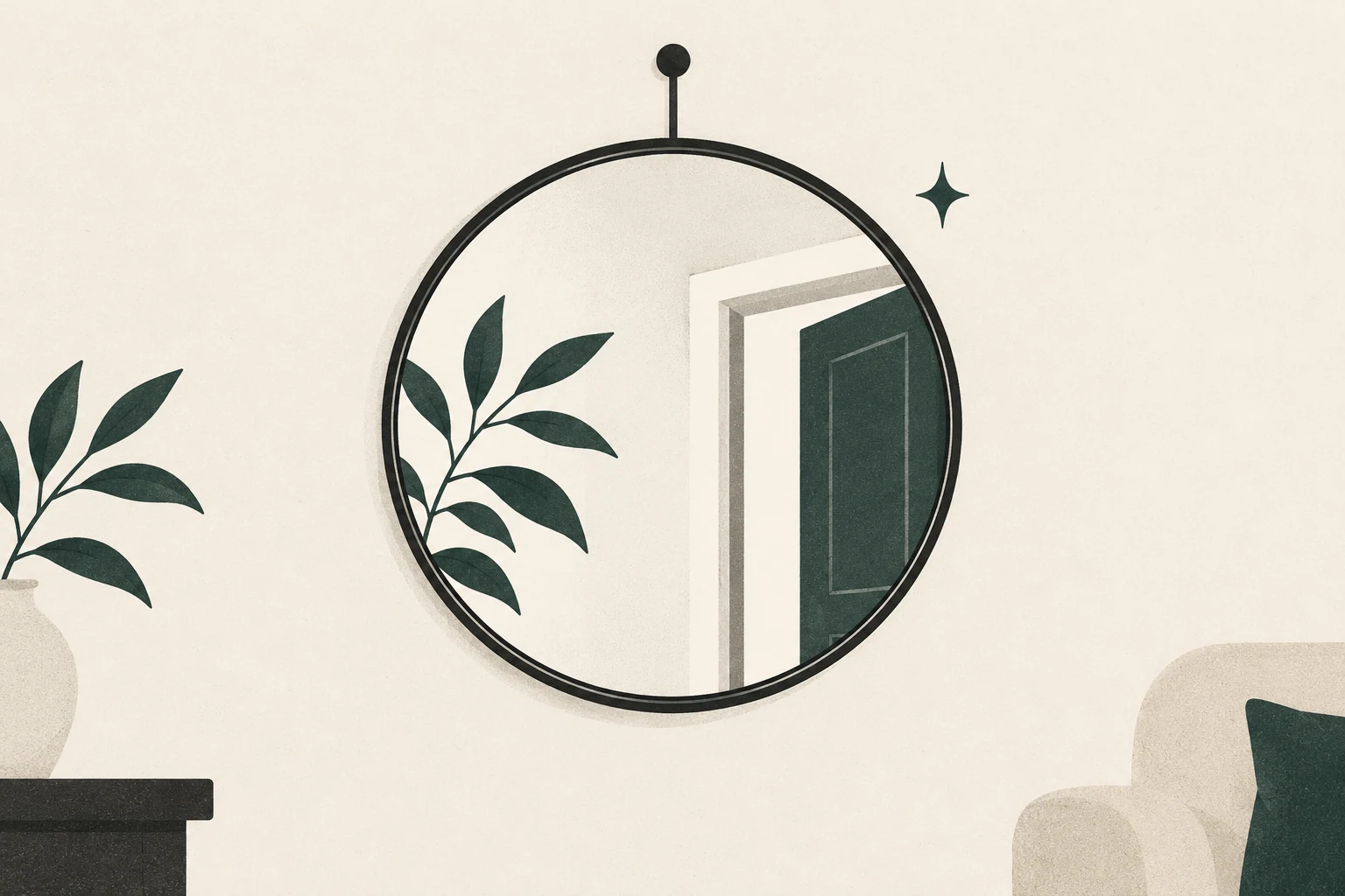 Round wall mirror reflecting an open doorway edge and a leafy branch, with its top mounting visible.