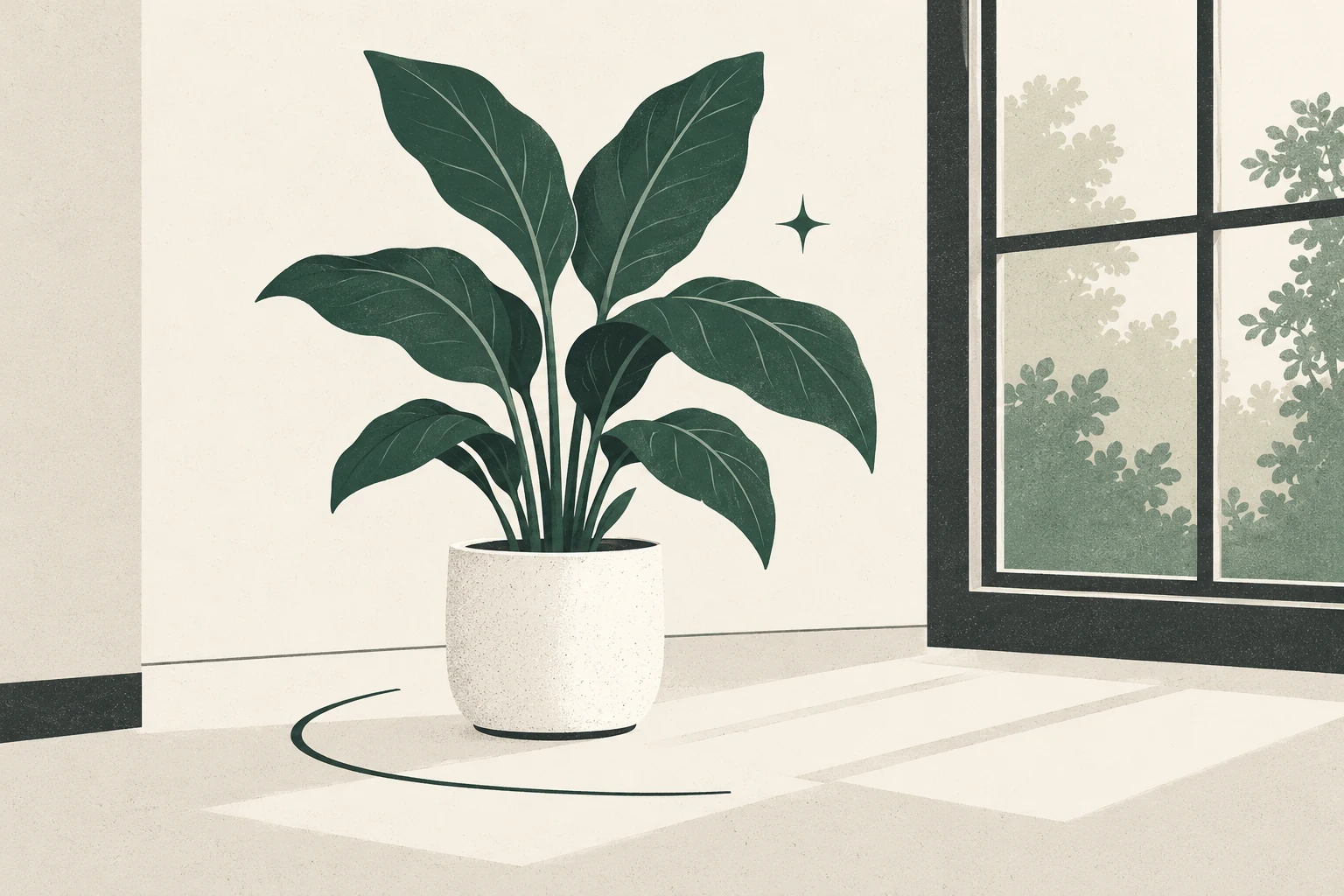 Healthy broad-leaf plant beside a window with a clear curved path around its stable pot.