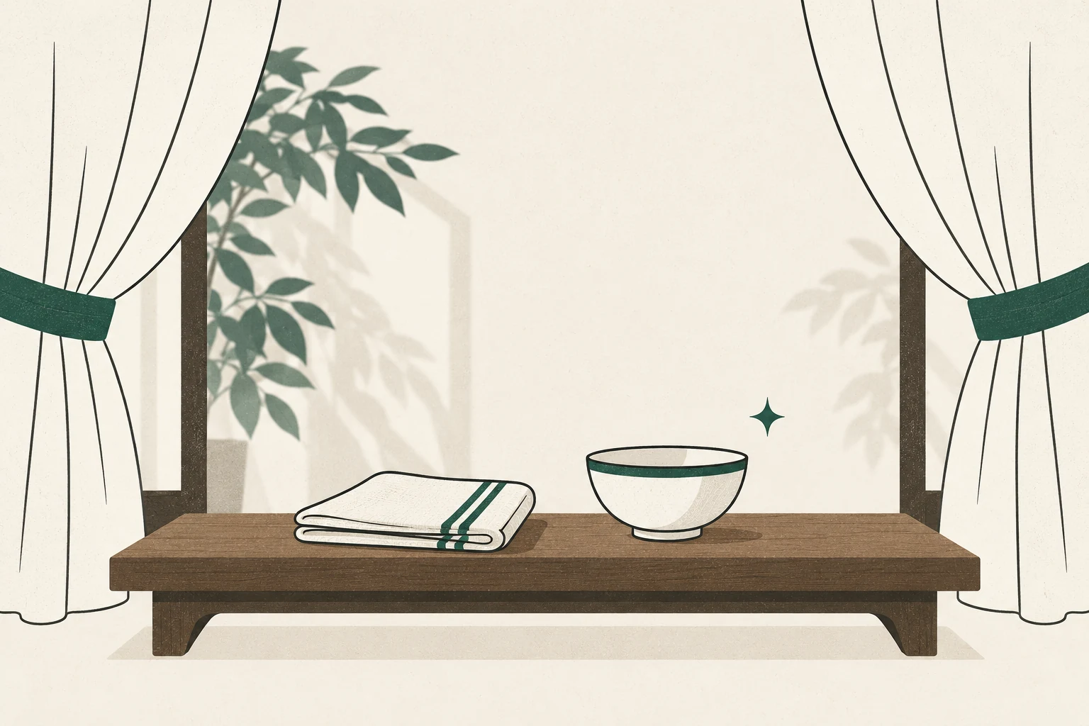 Open curtains above a low bench holding a folded cloth and a small ordinary bowl.