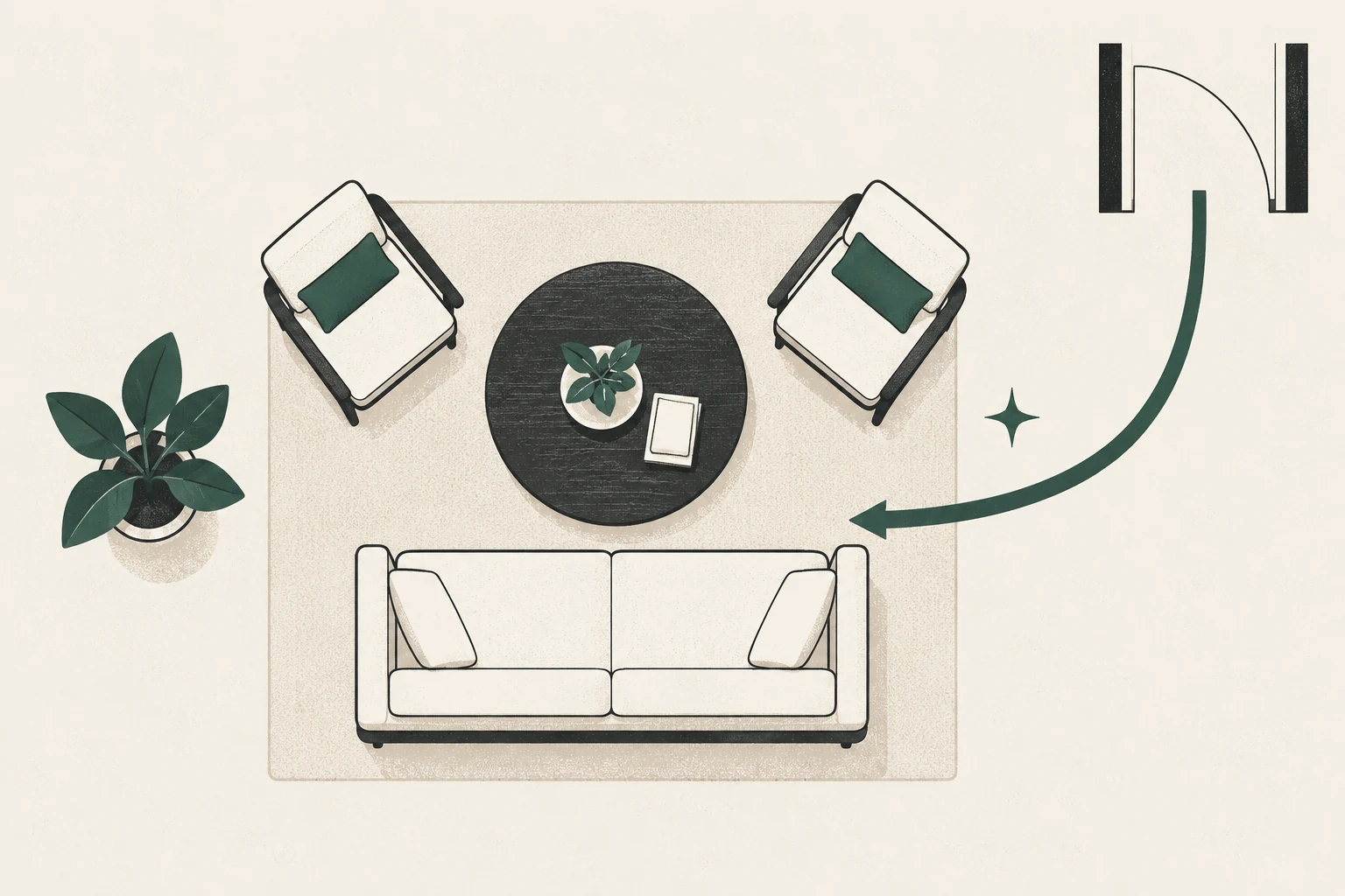 Top-down sofa facing two chairs with a curved route from the open doorway.