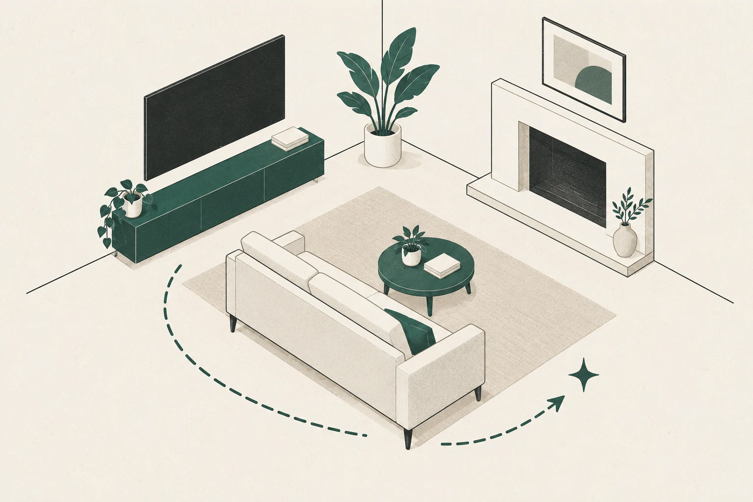 Living room with a television and unlit fireplace on different walls and a sofa between them.