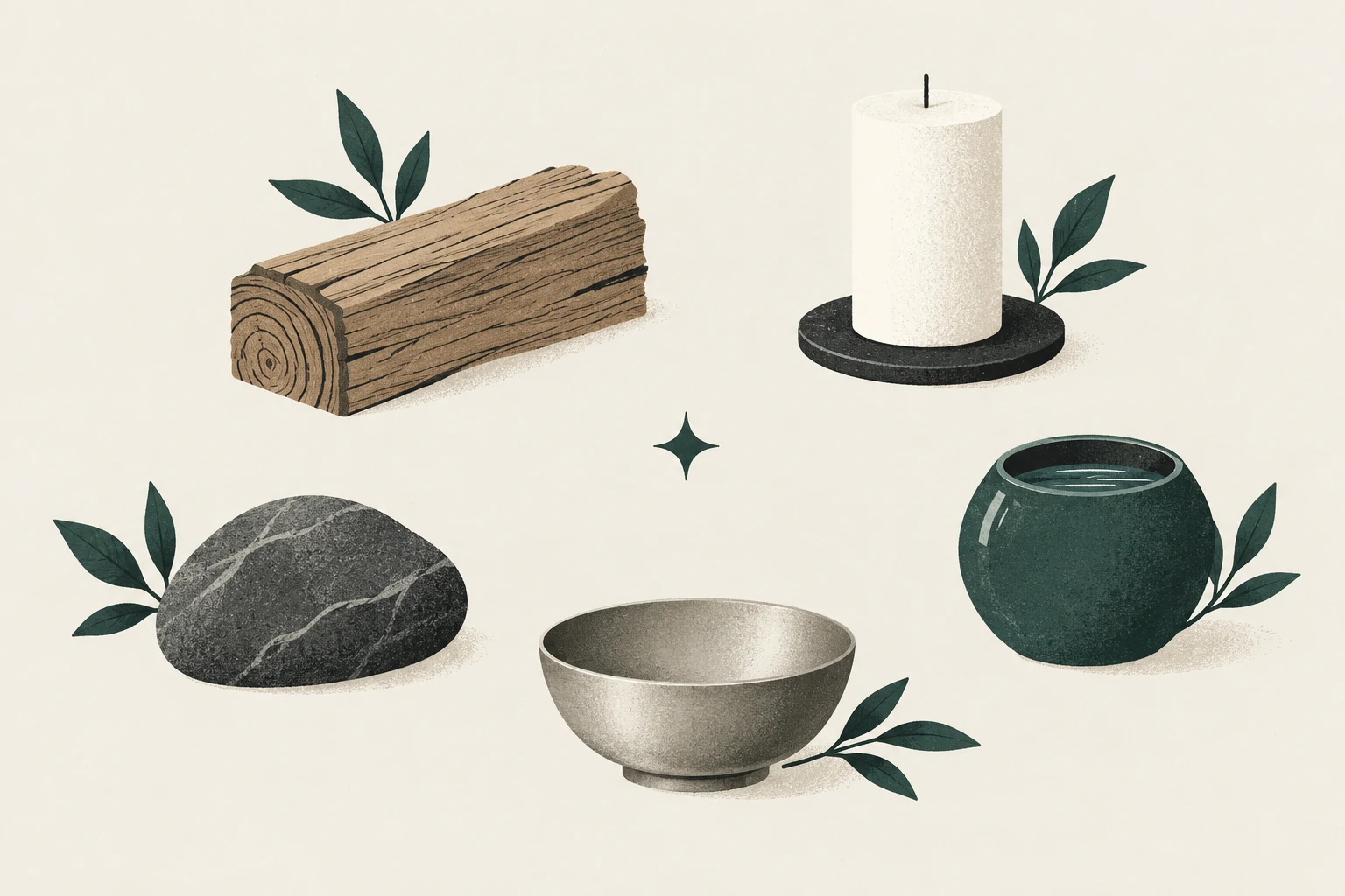 Wood offcut, unlit candle, stone, metal bowl, and water vessel arranged around open space.