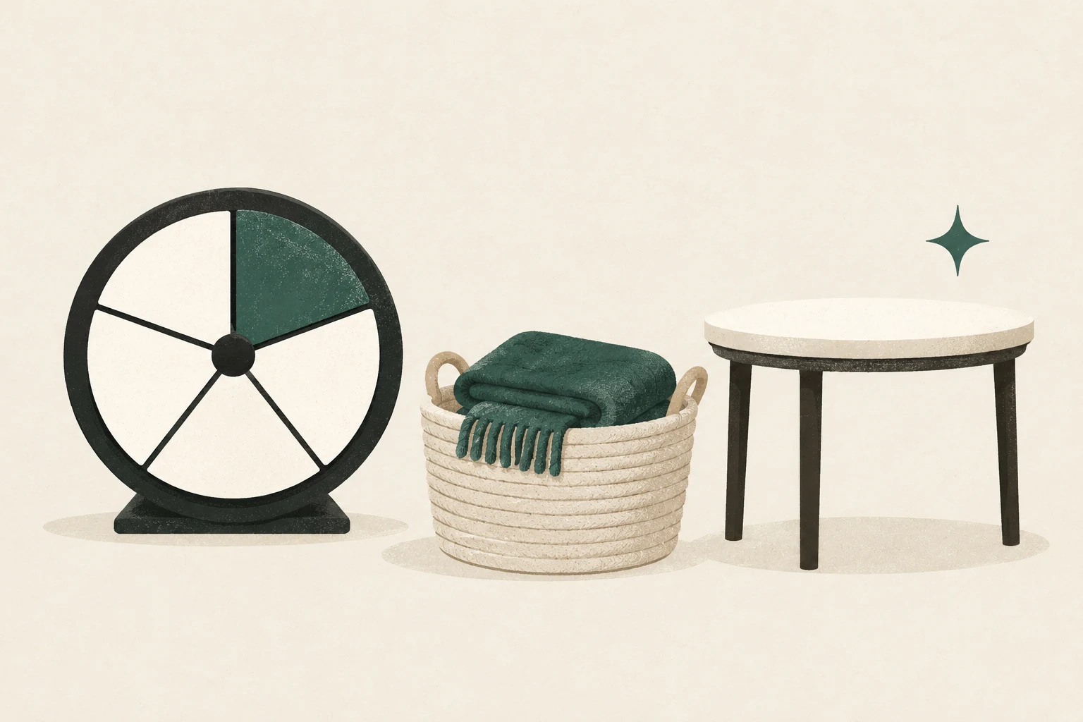 A five-segment timer beside a basket and a newly cleared living-room side table.