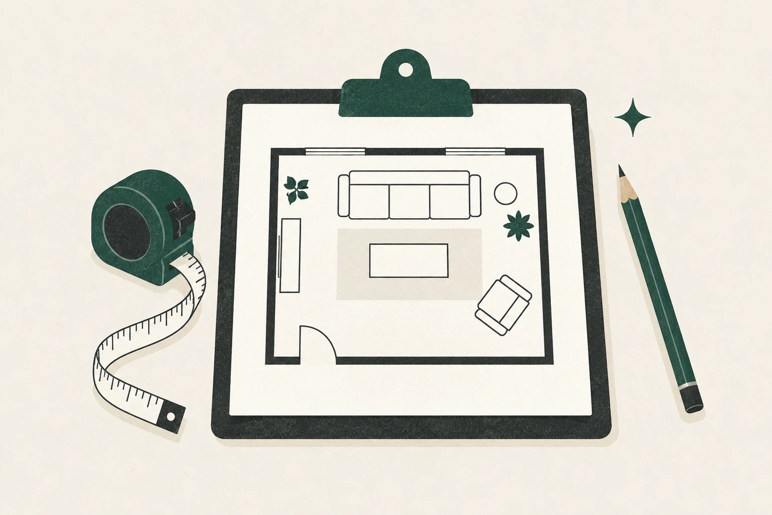 Clipboard with a simple living-room plan, tape measure, pencil, and movable furniture shapes.