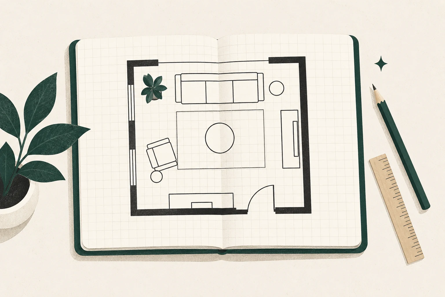 Open grid notebook with an unlabeled living-room plan, pencil, and ruler.