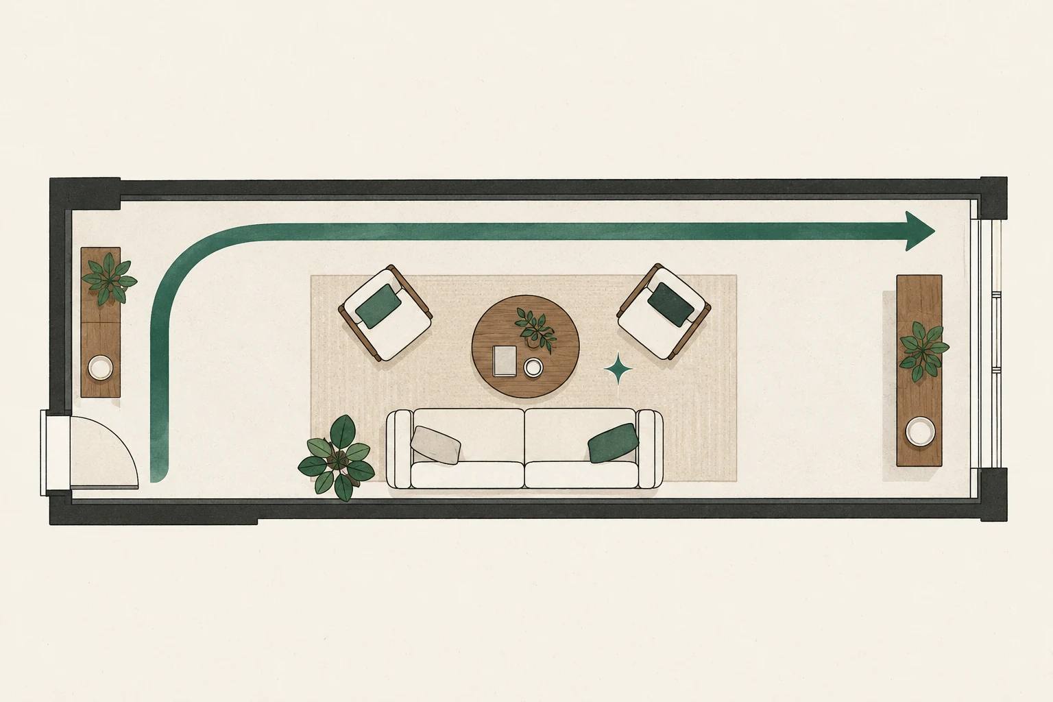 Long living-room plan with seating turned across the room and a clear route along one side.