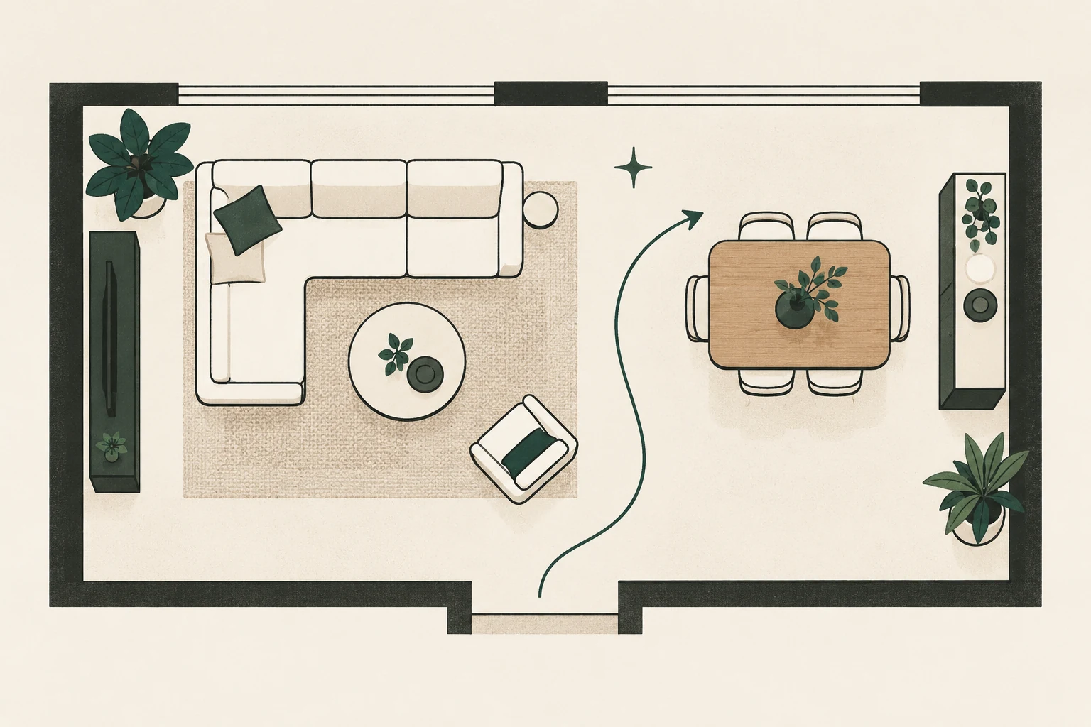 Open-plan living and dining zones connected by one curved circulation route.