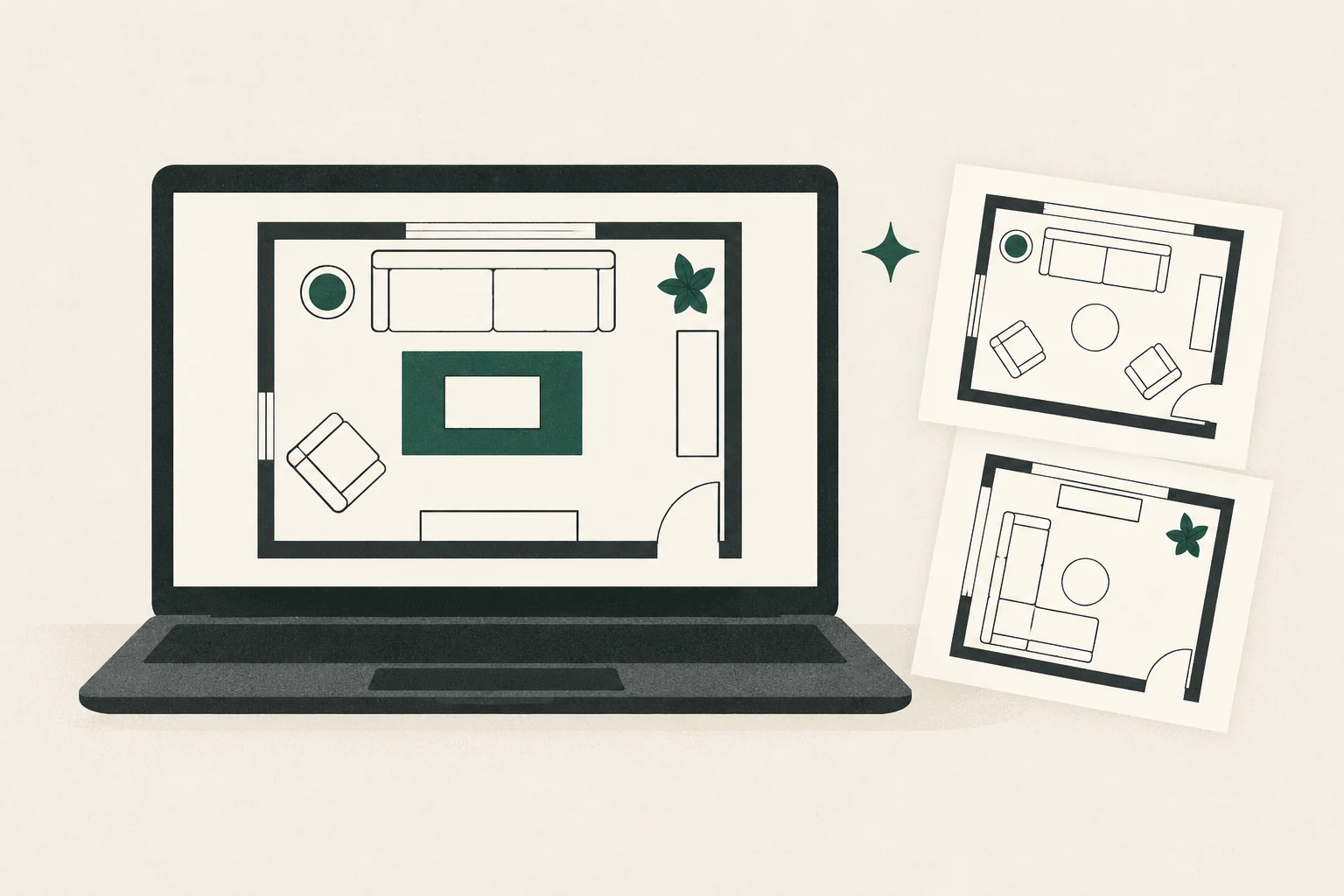 Generic laptop room plan with two alternate blank plan cards beside it.