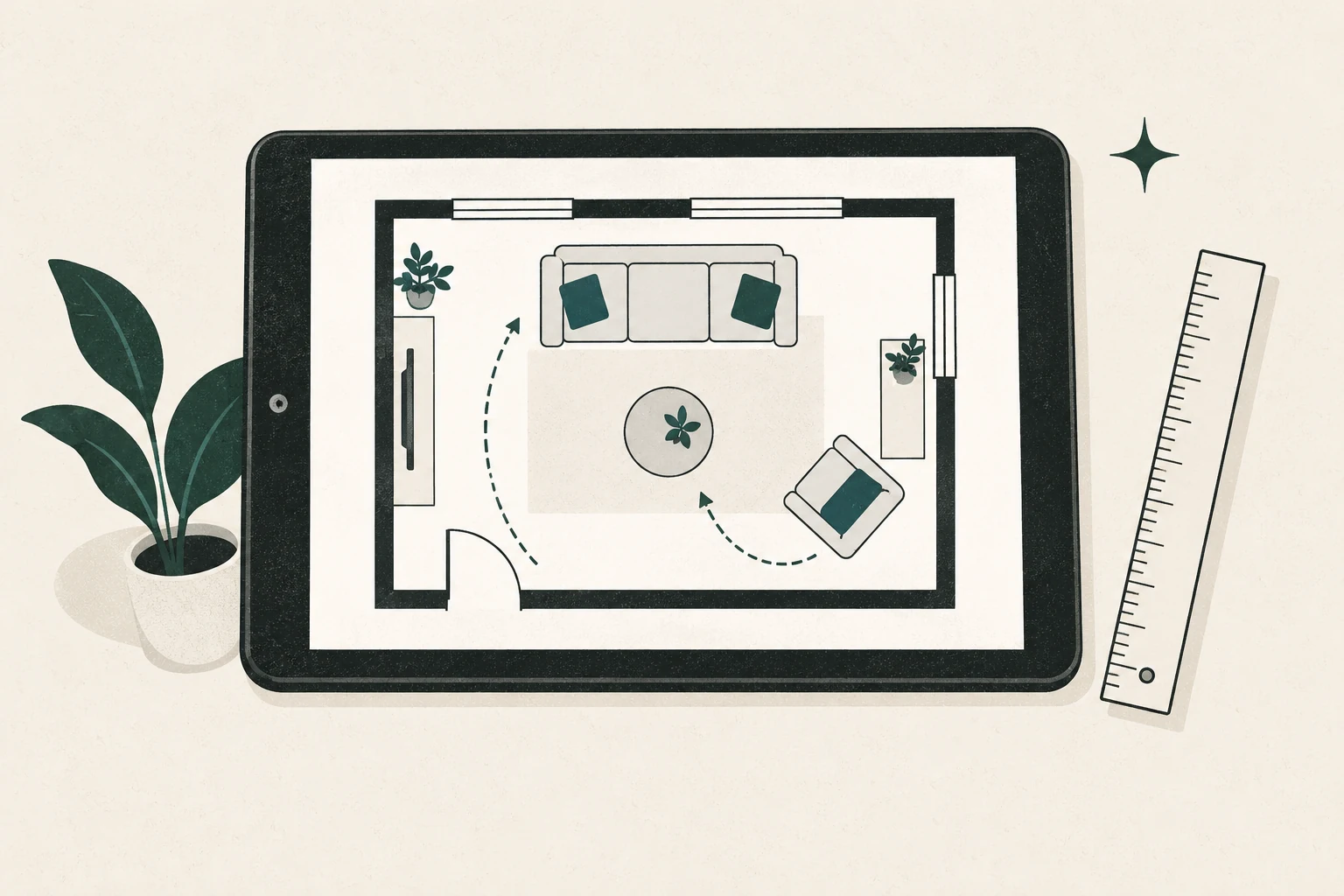 Generic tablet room plan with furniture shapes, two route arcs, and a ruler beside it.