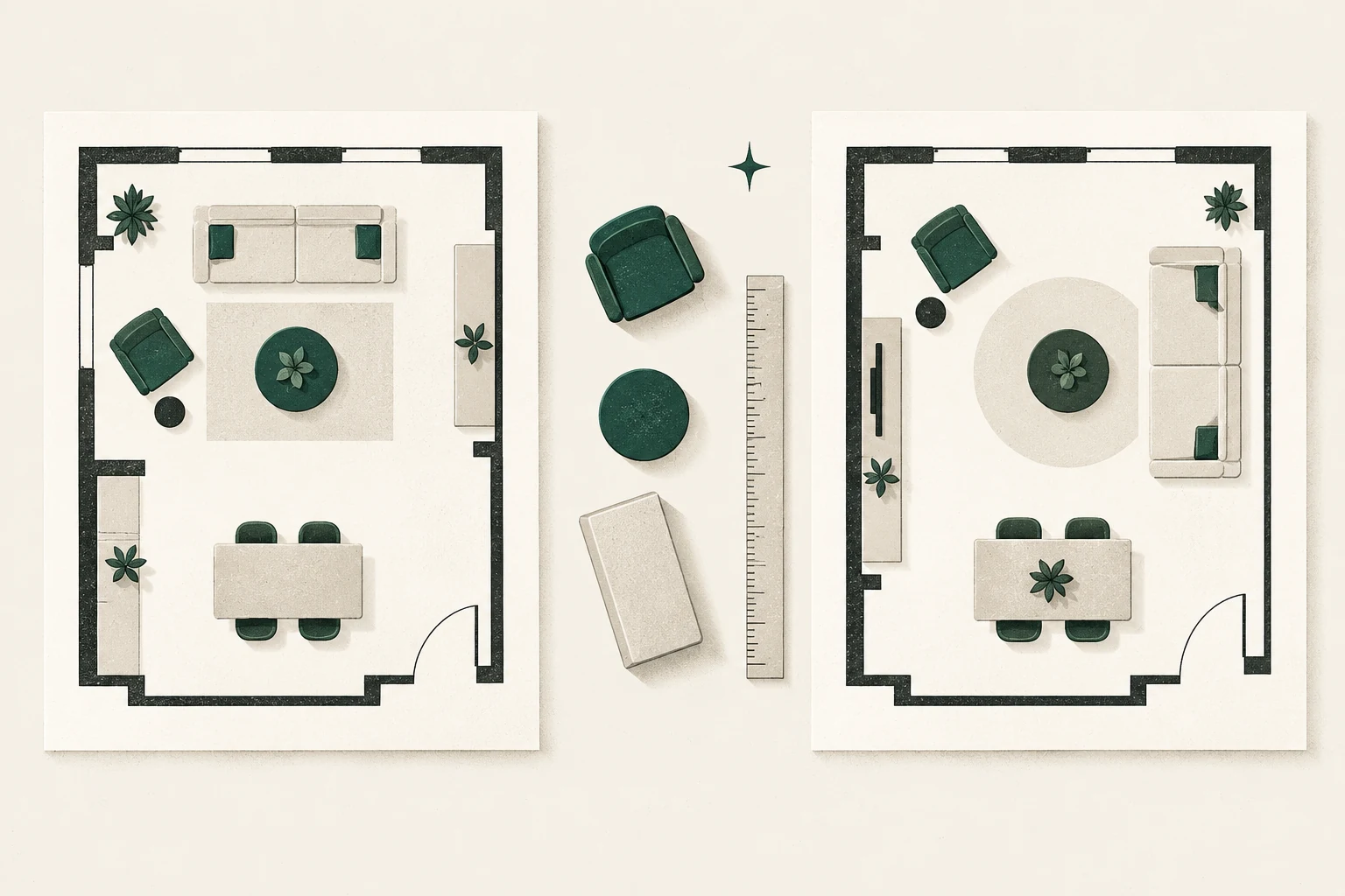 Two generic blank floor-plan cards beside a ruler and three movable furniture shapes.