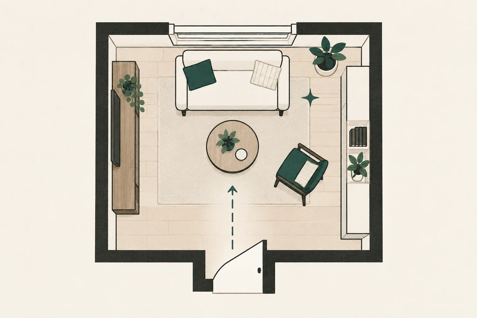 Compact top-down living room with a loveseat, one chair, wall storage, and a clear doorway route.