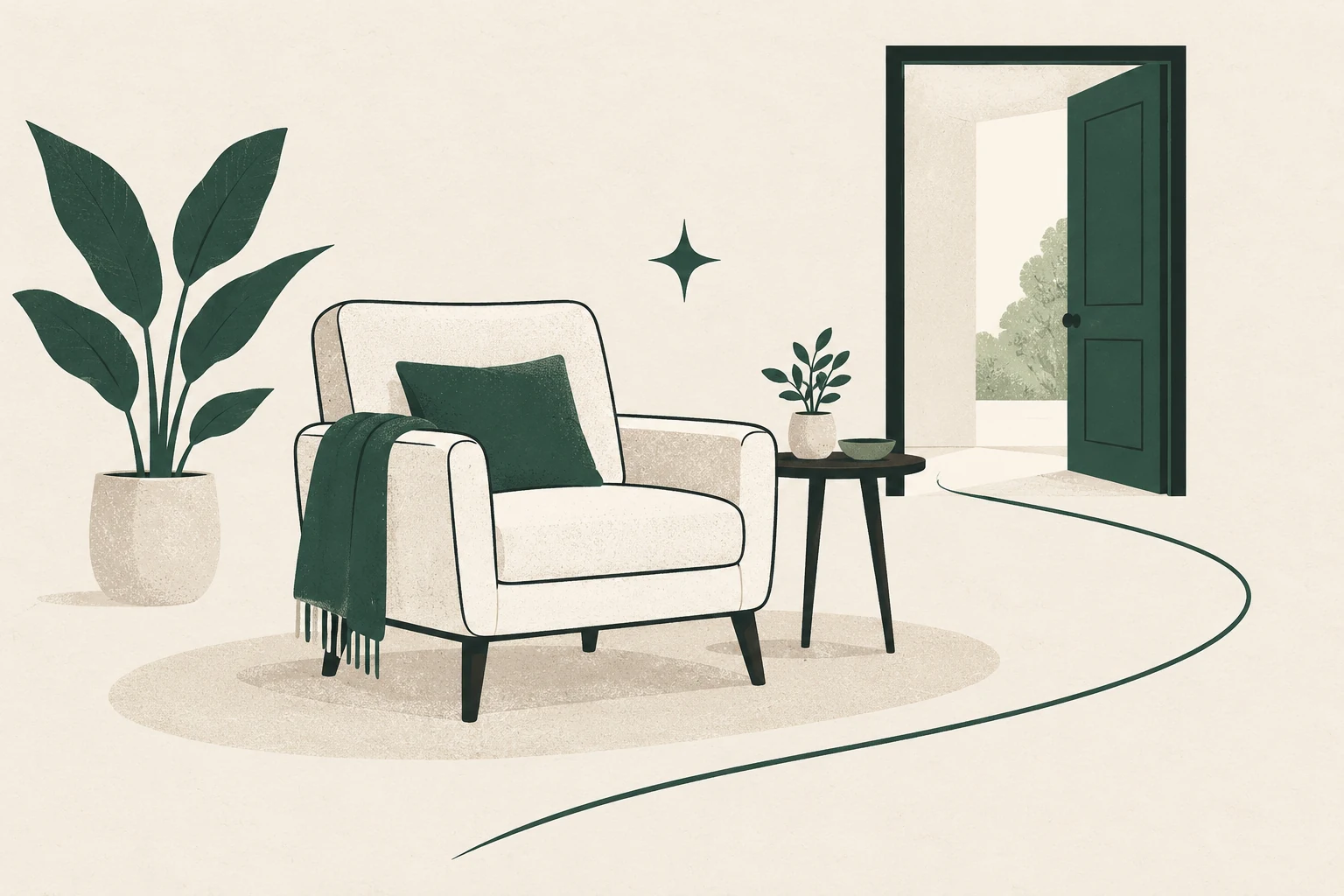 A welcoming armchair with an open doorway and a clear curved path through the room.